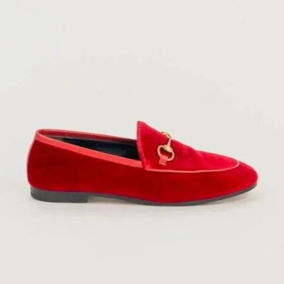 Gucci Jordaan Red Velvet Bit Loafers - Picture 1 of 6